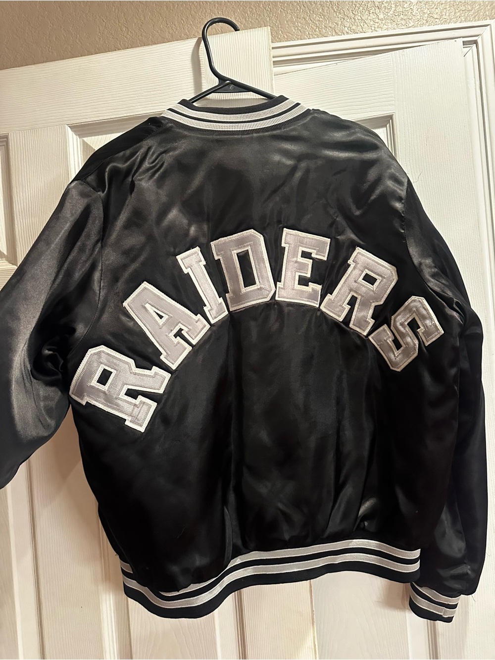 Black Raiders Satin Bomber Jacket with White Appliqué
